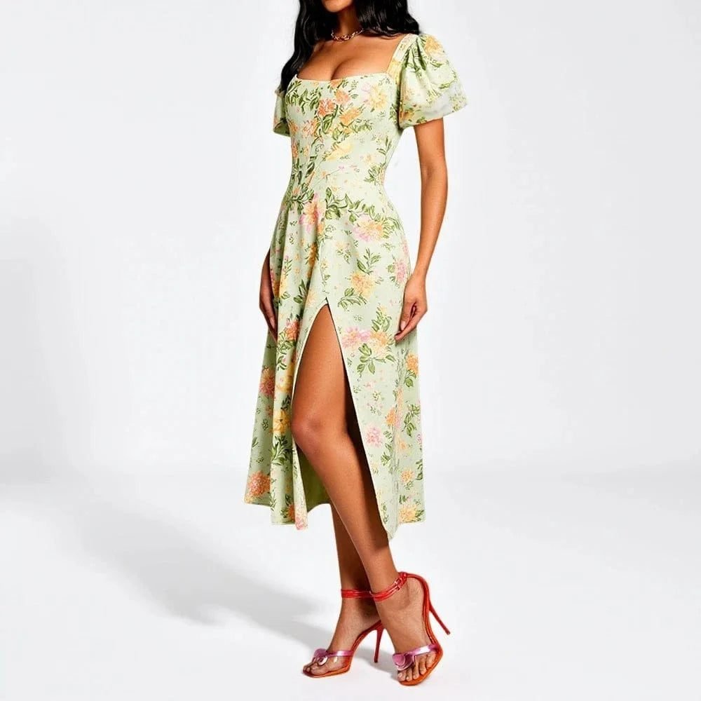 Robe Corset Fleurie Fendue Manches Courtes