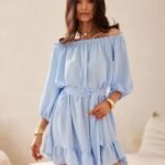Robe Courte Bleue Ciel Epaules Denudees Bleu S M