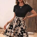 Robe Courte Casual Avec Jupe Fleurie Beige Et Noir S