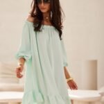 Robe Courte Ete Vert Menthe Epaules Denudees Fluide