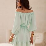 Robe Courte Ete Vert Menthe Epaules Denudees Fluide 2