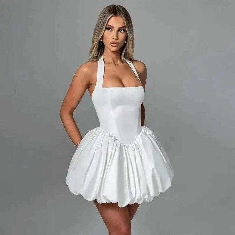 Robe Courte Evasee Bretelles Halter Blanc S