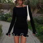 Robe Courte Manches Longues Bord Volante Noir S