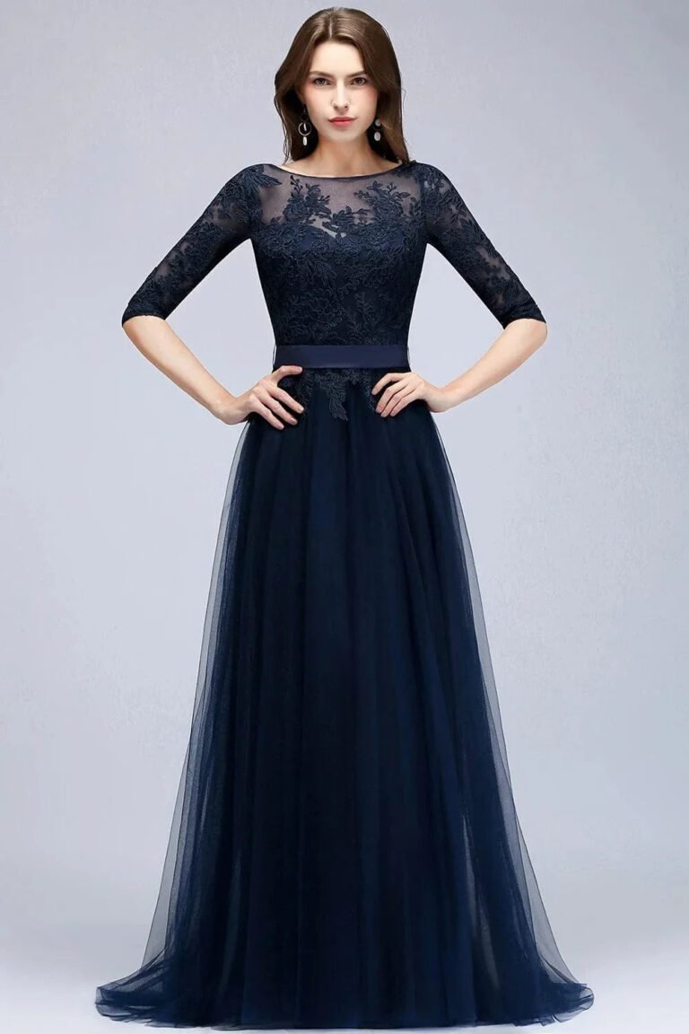 Robe De Bal Bleue Longue En Dentelle Bleu Marine 32