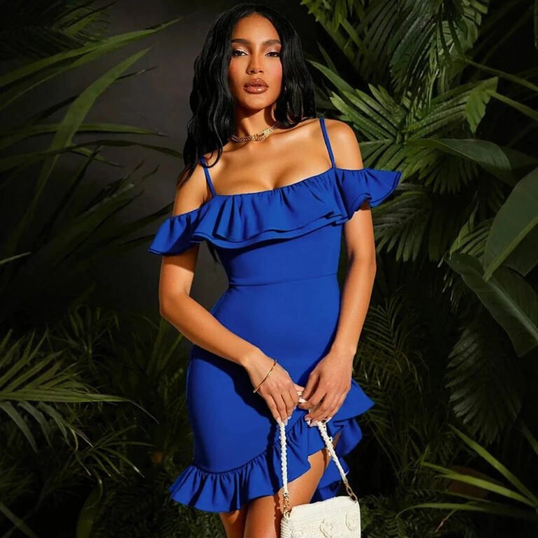 Robe De Cocktail Bleue Courte Asymetrique A Volants 2