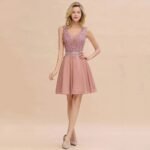 Robe De Cocktail Chic Haut Dentelle Sans Manches Rose Poudre 32