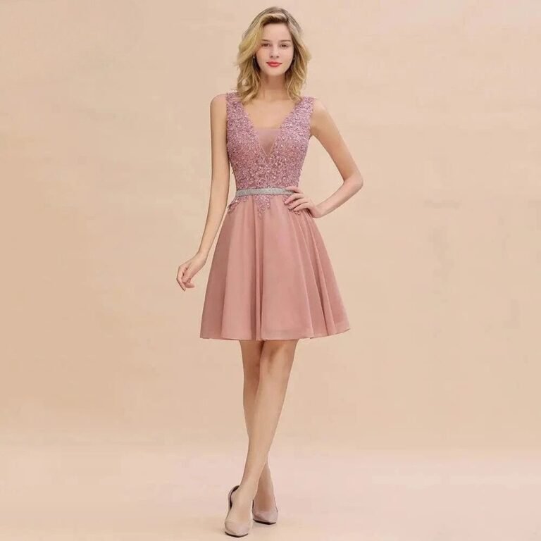 Robe De Cocktail Chic Haut Dentelle Sans Manches Rose Poudre 32