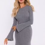 Robe De Cocktail Courte A Poignets Evases Et Manches Longues Gris S M
