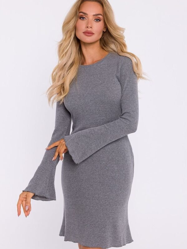 Robe De Cocktail Courte A Poignets Evases Et Manches Longues Gris S M