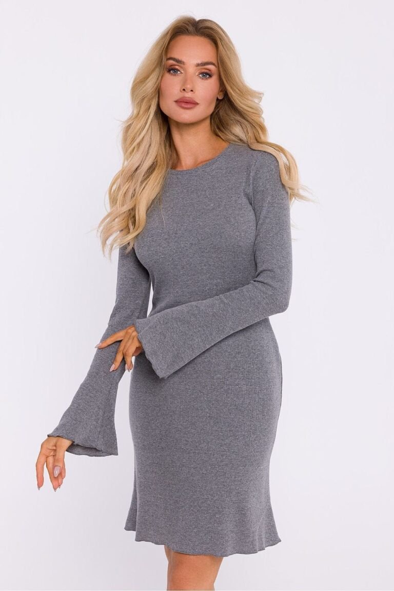 Robe De Cocktail Courte A Poignets Evases Et Manches Longues Gris S M