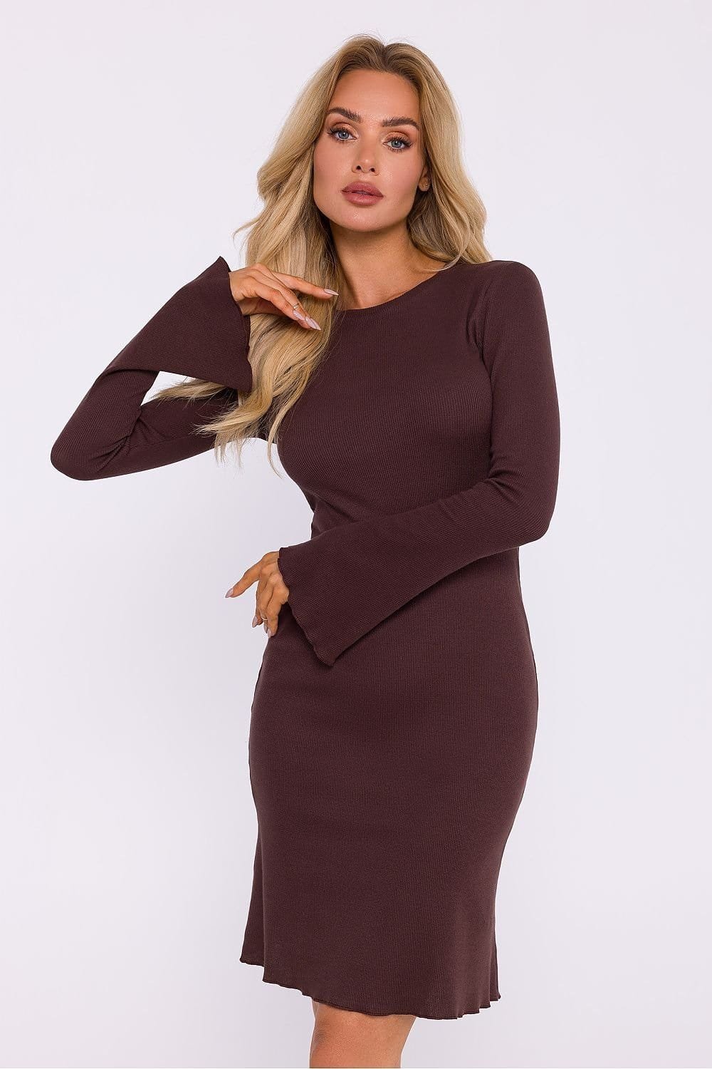 Robe De Cocktail Courte A Poignets Evases Et Manches Longues Marron S M
