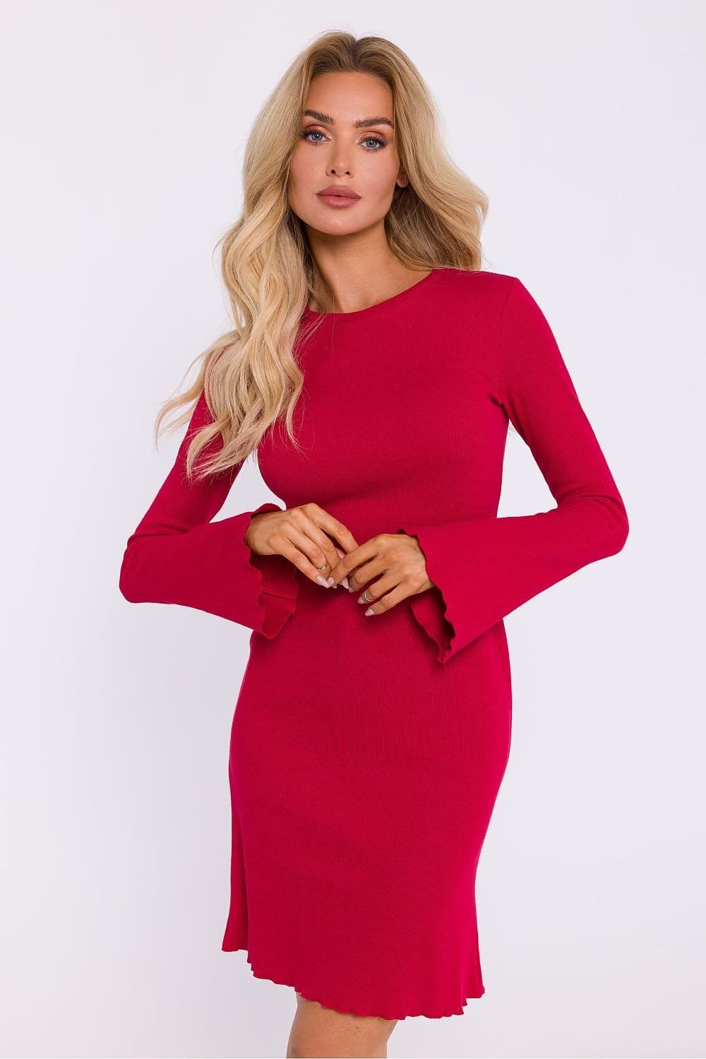 Robe De Cocktail Courte A Poignets Evases Et Manches Longues Rouge S M