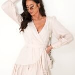 Robe De Cocktail Courte Avec Manches Longues Bouffantes Beige Xs S