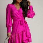 Robe De Cocktail Courte Avec Manches Longues Bouffantes Fuchsia Xs S