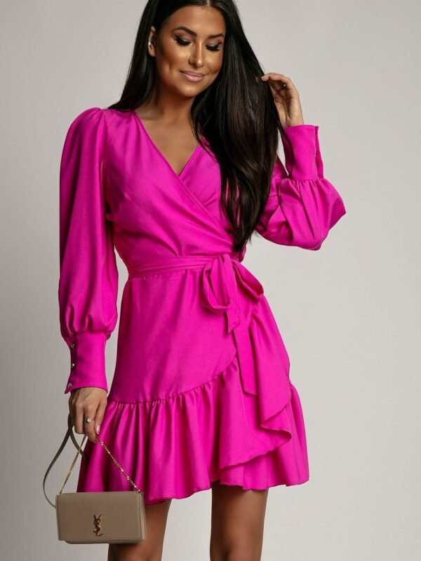 Robe De Cocktail Courte Avec Manches Longues Bouffantes Fuchsia Xs S