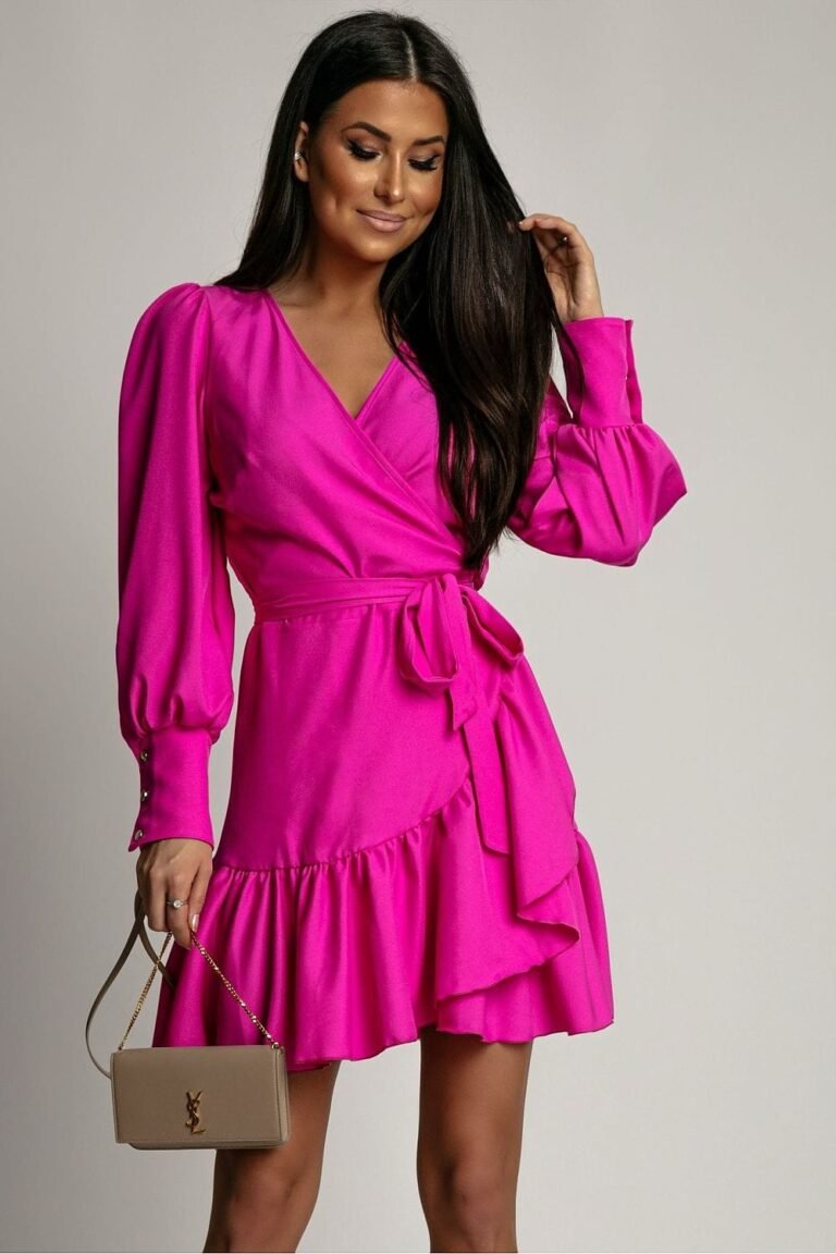 Robe De Cocktail Courte Avec Manches Longues Bouffantes Fuchsia Xs S