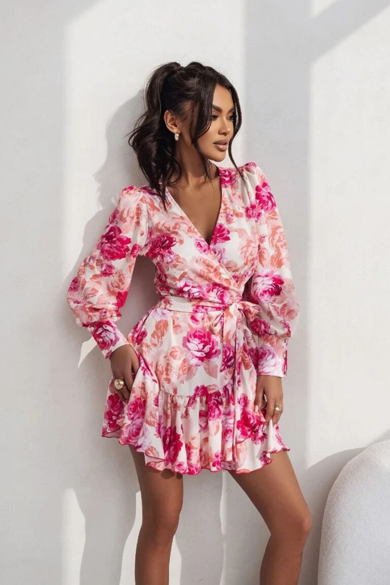 Robe De Cocktail Courte Avec Manches Longues Bouffantes Multicoloris Xs S