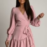 Robe De Cocktail Courte Avec Manches Longues Bouffantes Rose Poudre Xs S