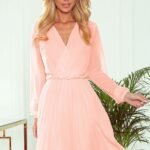 Robe De Cocktail Courte Plissee Manches Longues Rose Clair S