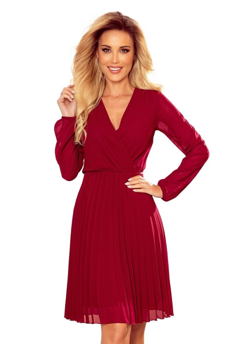Robe De Cocktail Courte Plissee Manches Longues Rouge Xs