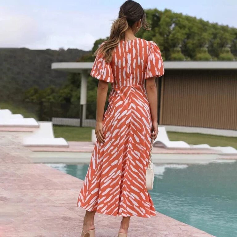 Robe De Cocktail Ete Orange Midi Manches Bouffantes 2