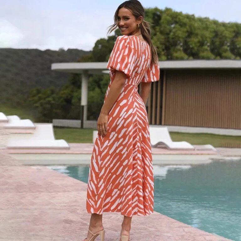 Robe De Cocktail Ete Orange Midi Manches Bouffantes 3