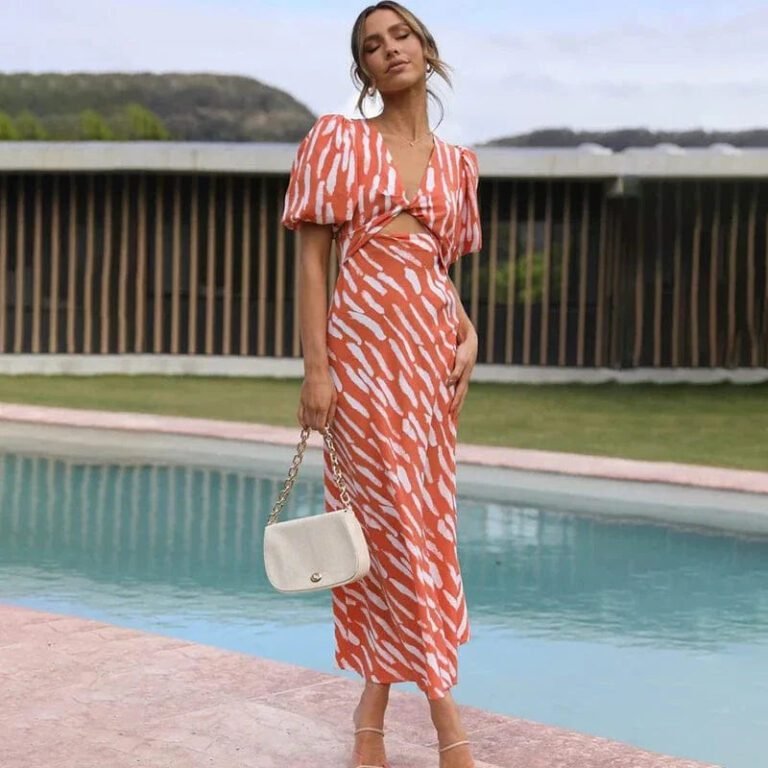 Robe De Cocktail Ete Orange Midi Manches Bouffantes