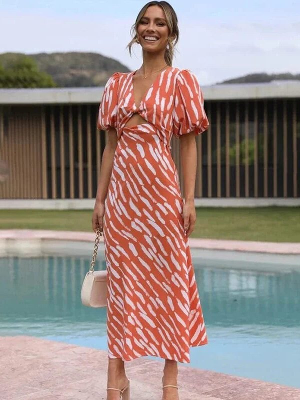 Robe De Cocktail Ete Orange Midi Manches Bouffantes Orange S