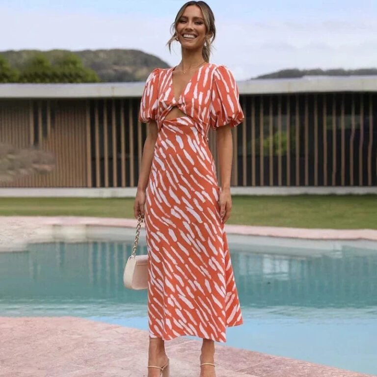 Robe De Cocktail Ete Orange Midi Manches Bouffantes Orange S