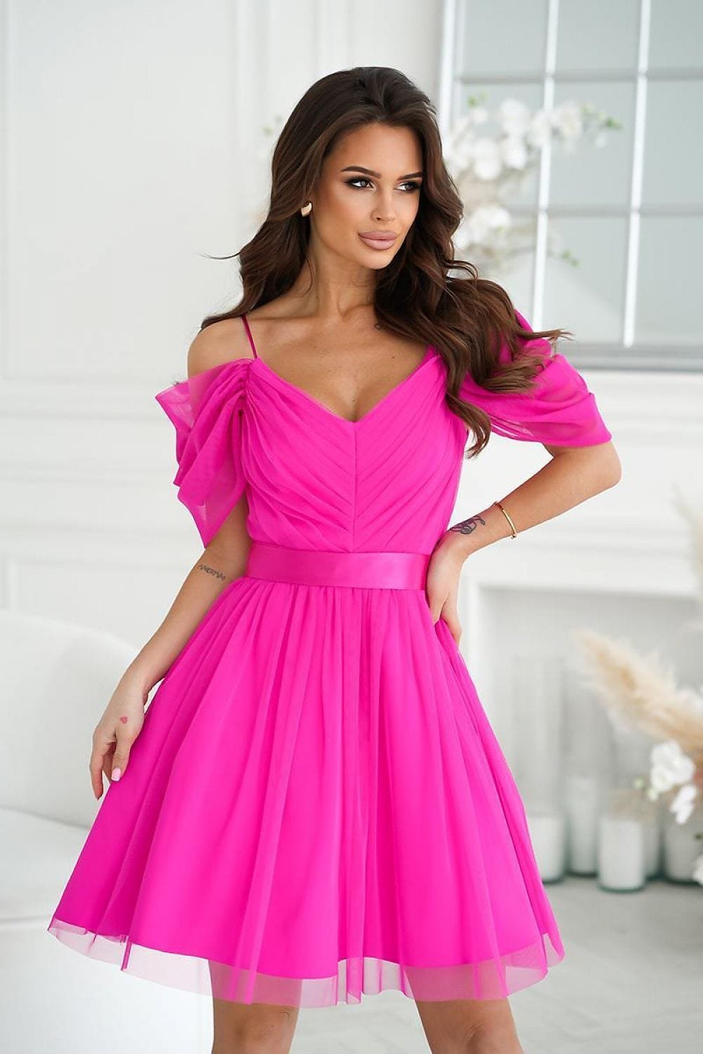Robe De Cocktail Evasee En Tulle Rose 34