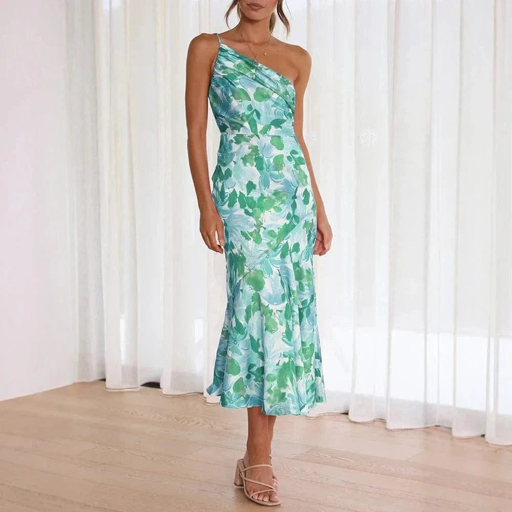 Robe De Cocktail Fleurie A Une Epaule Bleu S