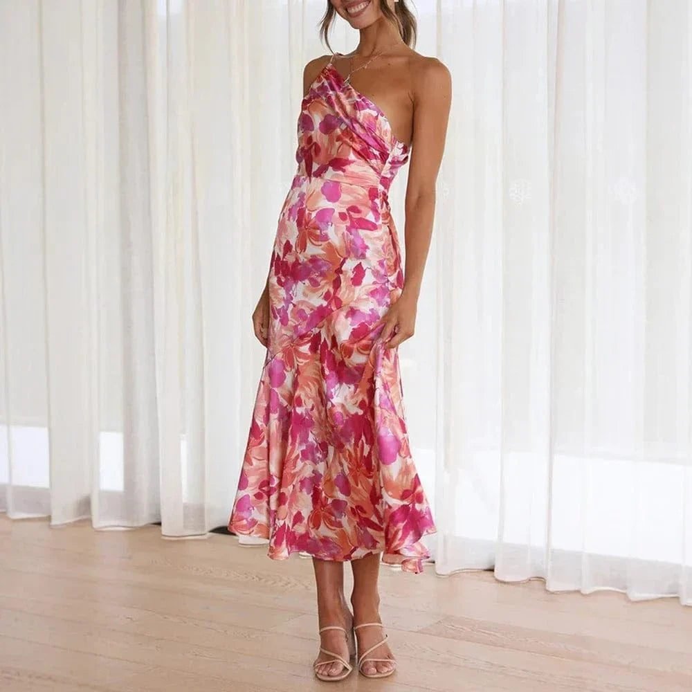 Robe De Cocktail Fleurie A Une Epaule Rose S