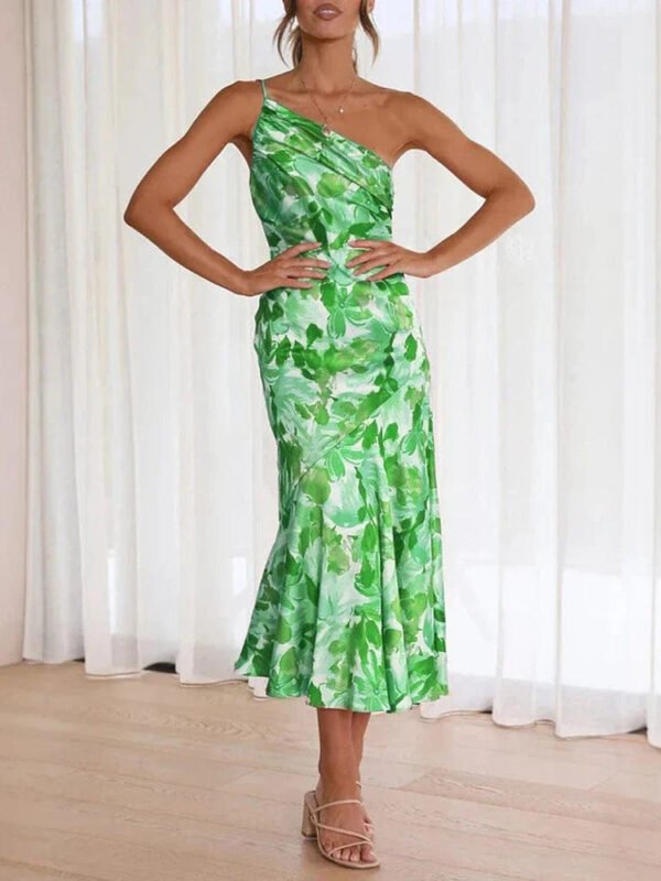 Robe De Cocktail Fleurie A Une Epaule Vert S