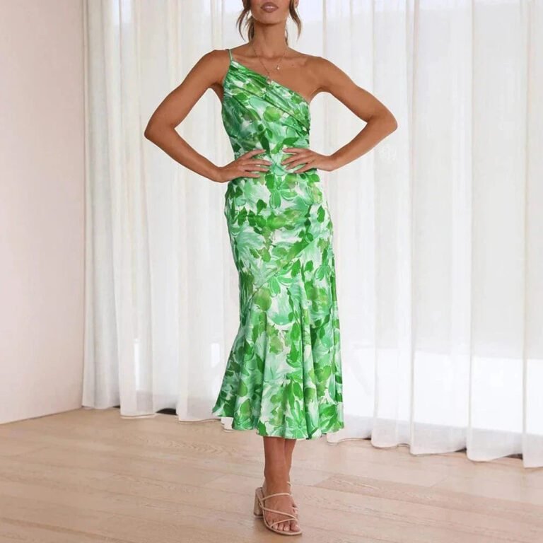 Robe De Cocktail Fleurie A Une Epaule Vert S