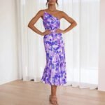Robe De Cocktail Fleurie A Une Epaule Violet S