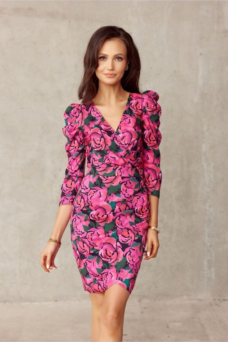 Robe De Cocktail Fleurie Rose Manches Longues 2