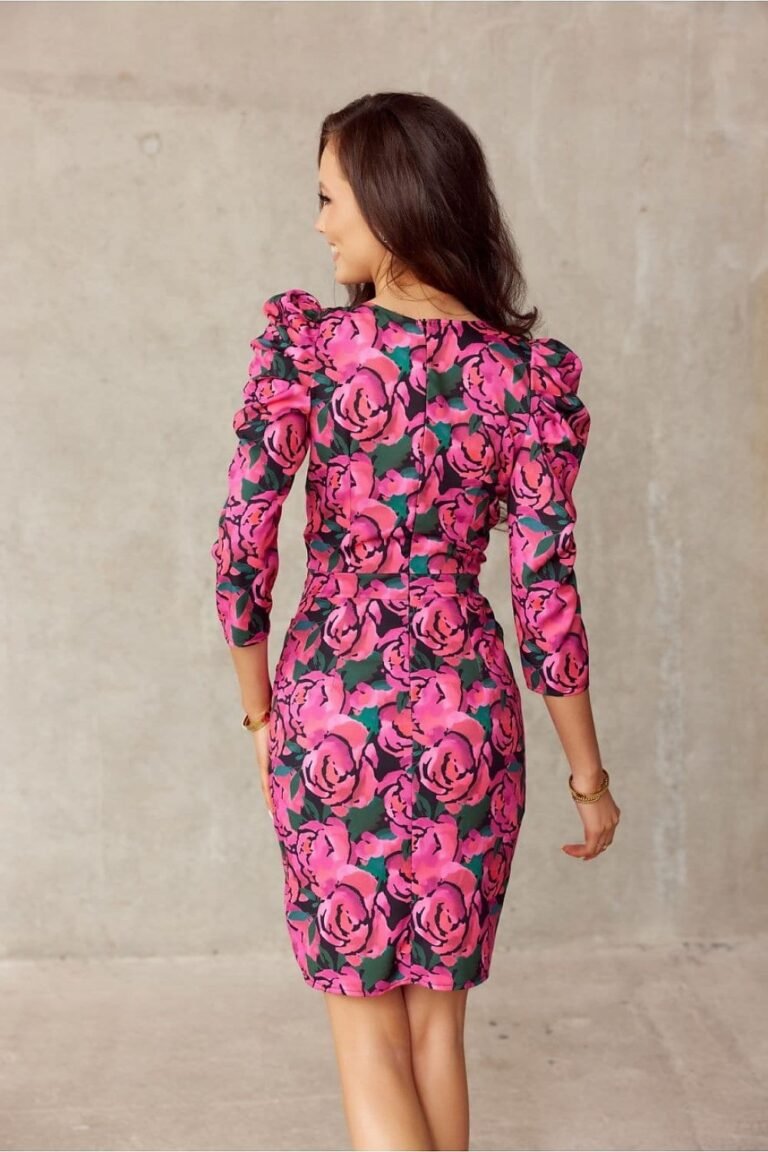 Robe De Cocktail Fleurie Rose Manches Longues