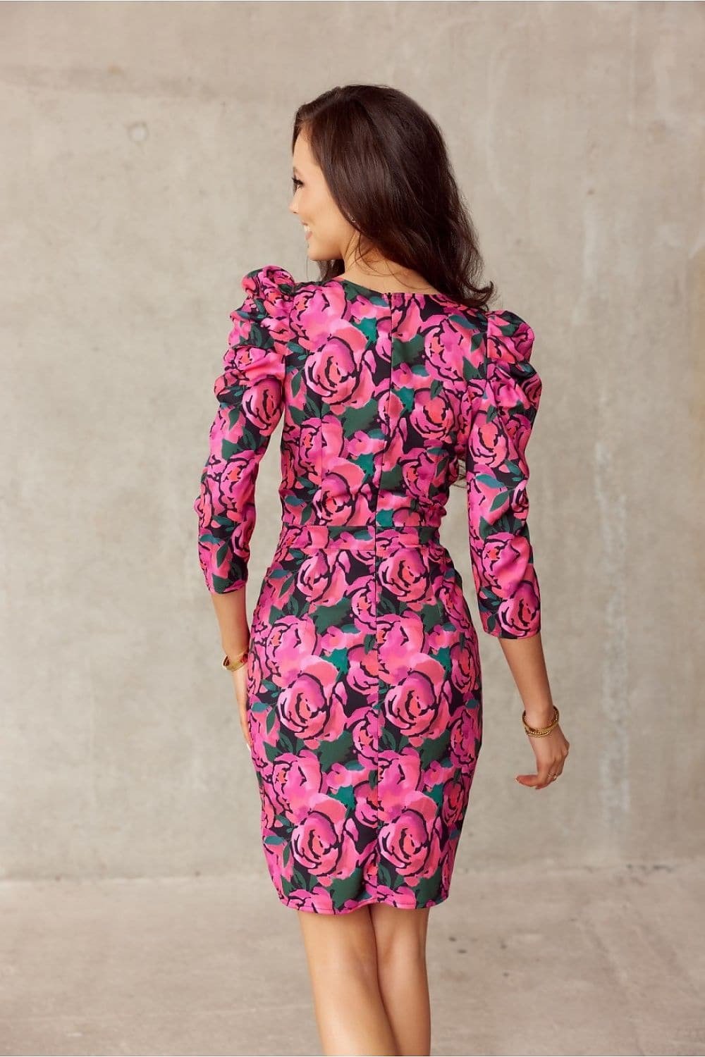 Robe De Cocktail Fleurie Rose Manches Longues