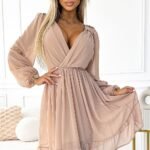 Robe De Cocktail Fluide Manches Longues Beige S