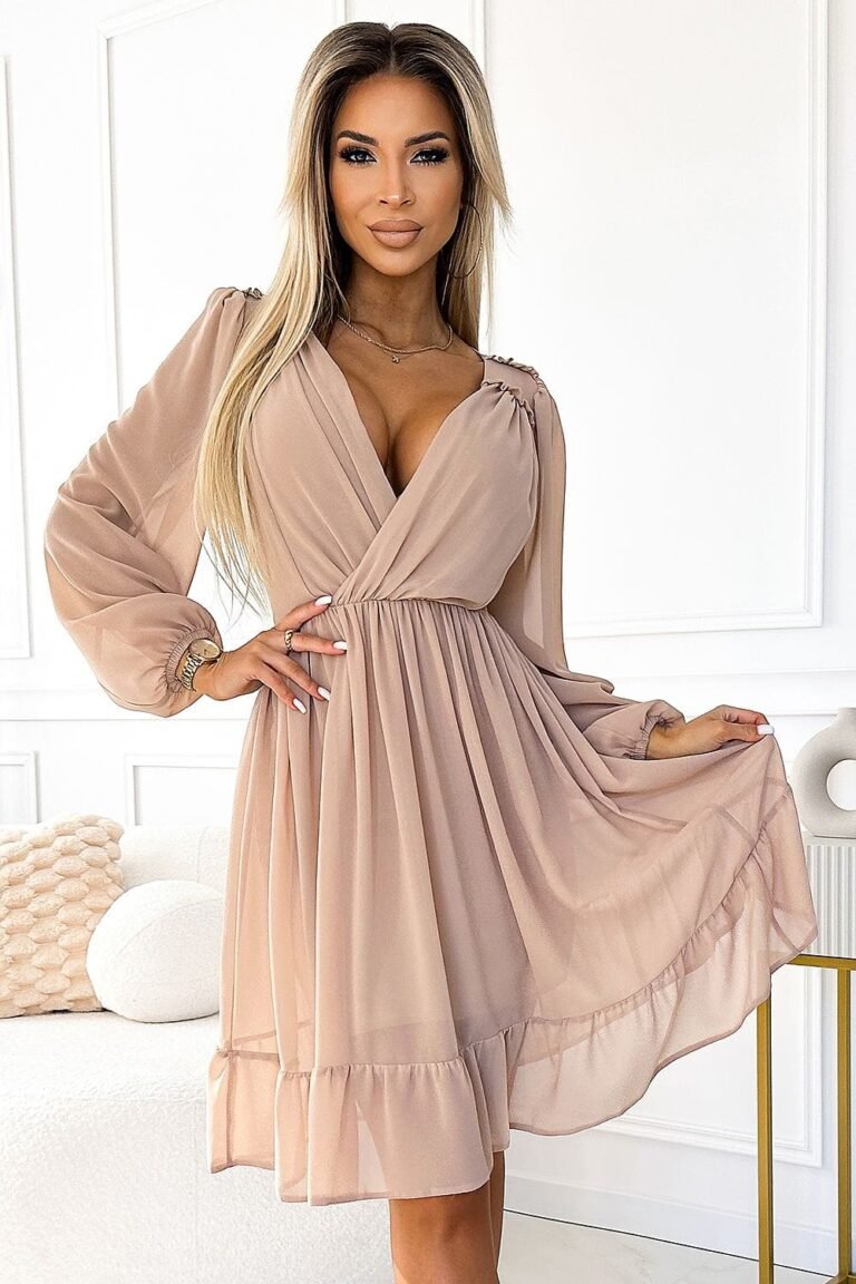 Robe De Cocktail Fluide Manches Longues Beige S