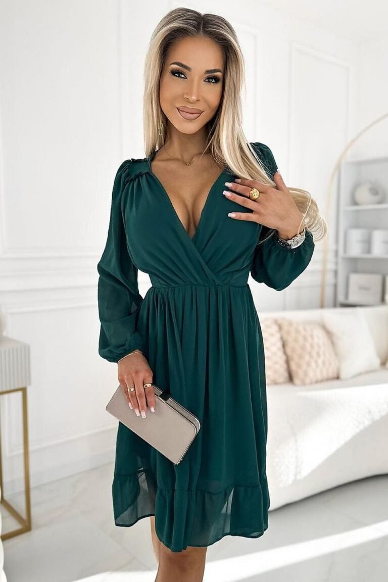 Robe De Cocktail Fluide Manches Longues Vert S