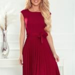 Robe De Cocktail Jupe Plissee Manches Courtes Rouge Cerise Xs