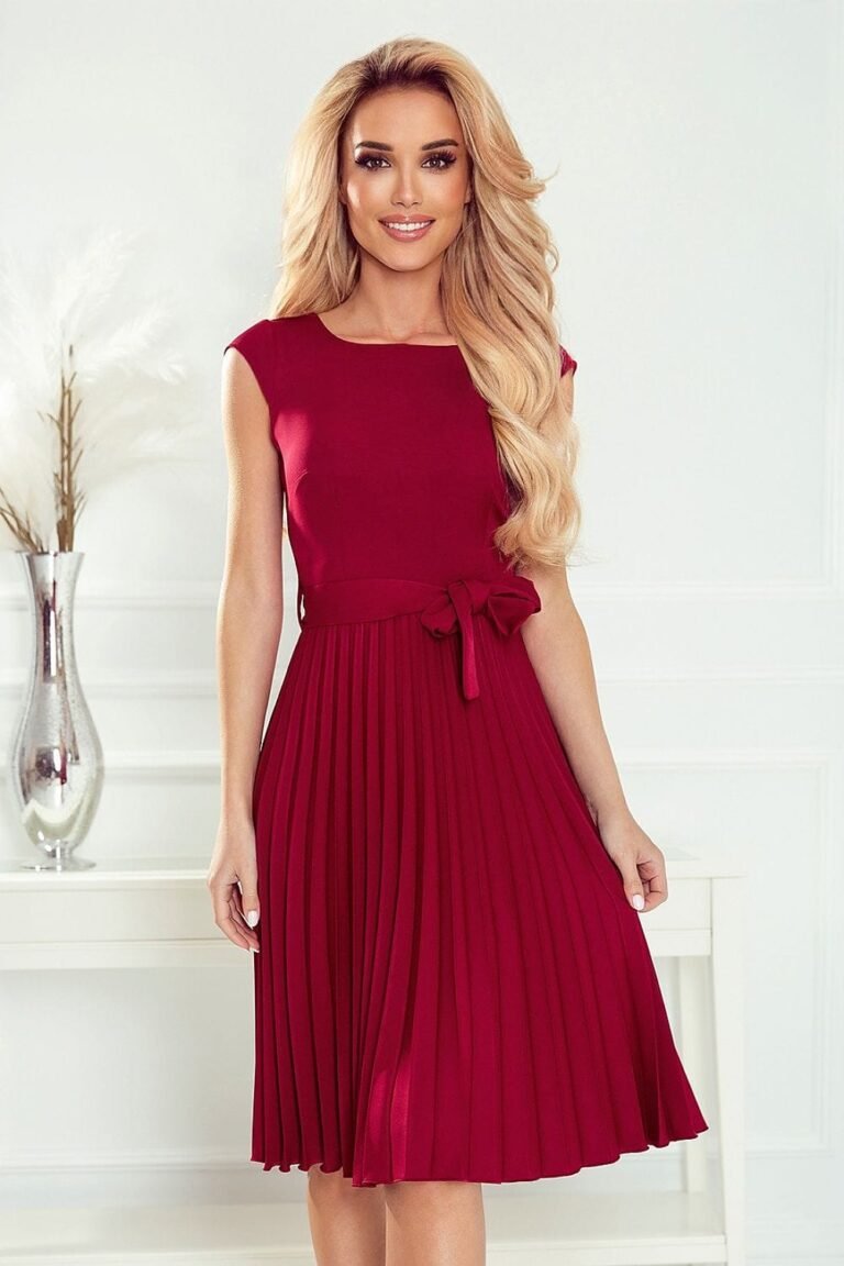 Robe De Cocktail Jupe Plissee Manches Courtes Rouge Cerise Xs