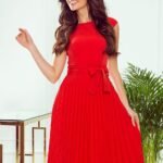 Robe De Cocktail Jupe Plissee Manches Courtes Rouge S