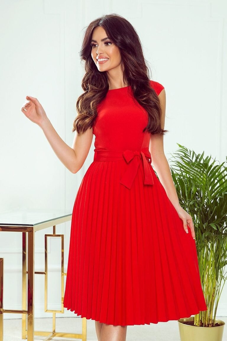 Robe De Cocktail Jupe Plissee Manches Courtes Rouge S