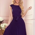 Robe De Cocktail Jupe Plissee Manches Courtes Violet Xs
