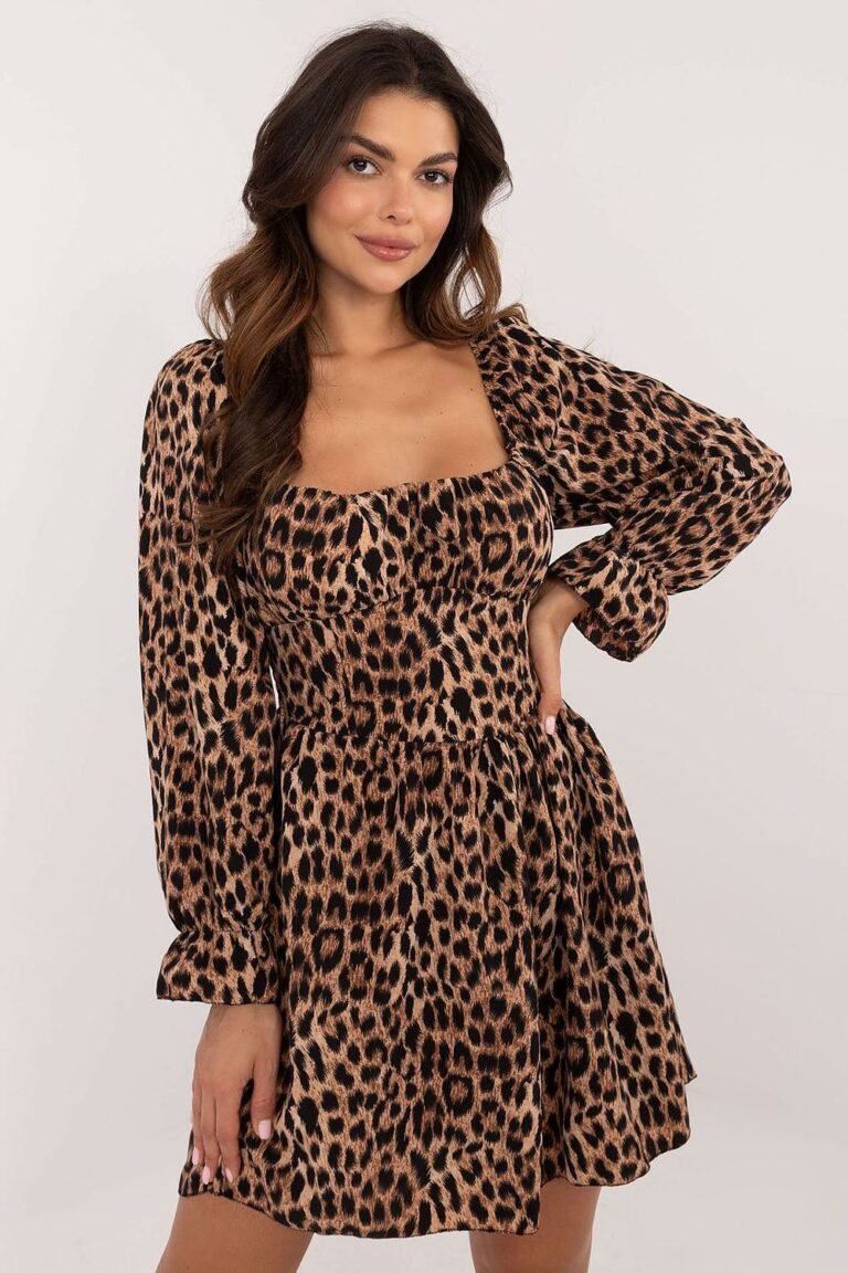 Robe De Cocktail Leopard A Manches Longues Marron Taille Unique