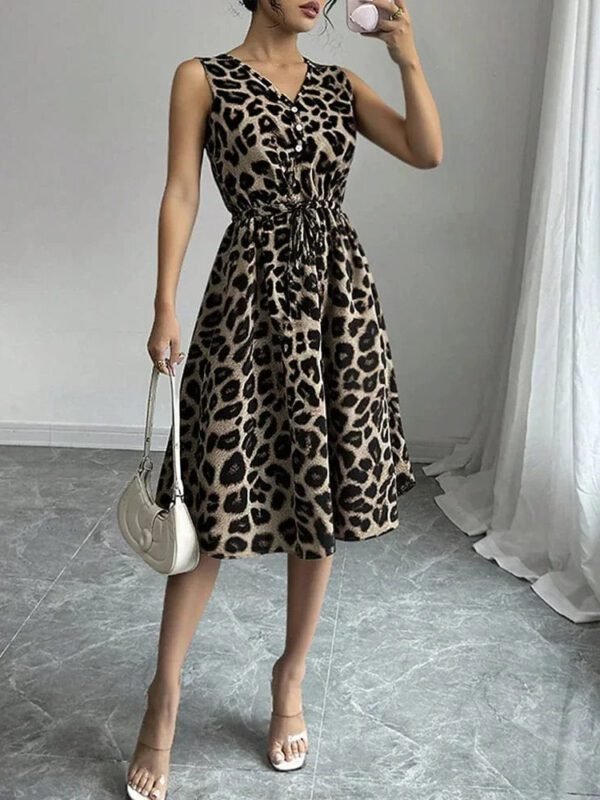 Robe De Cocktail Leopard Evasee Sans Manches Marron S