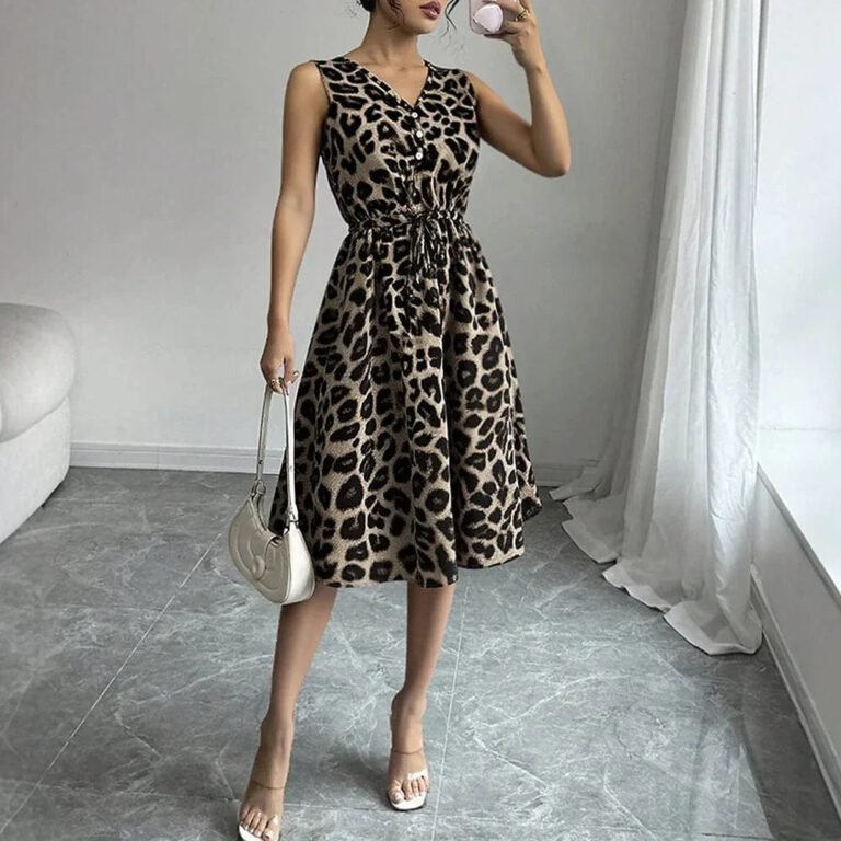 Robe De Cocktail Leopard Evasee Sans Manches Marron S