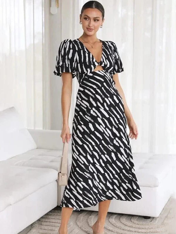 Robe De Cocktail Midi A Motif Manches Courtes Noir S
